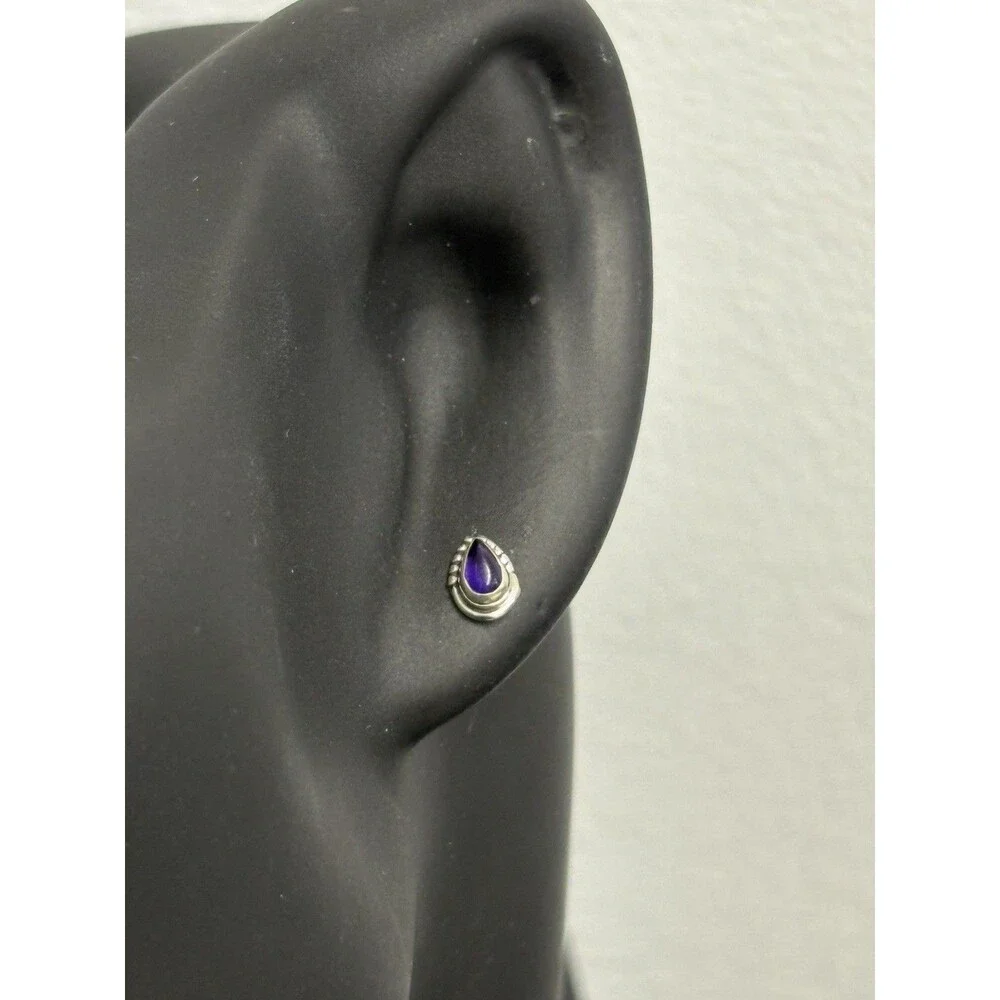 Petite 925 Solid Sterling Silver Genuine Amethyst Bezel Set Post Earrings - Picture 4 of 12